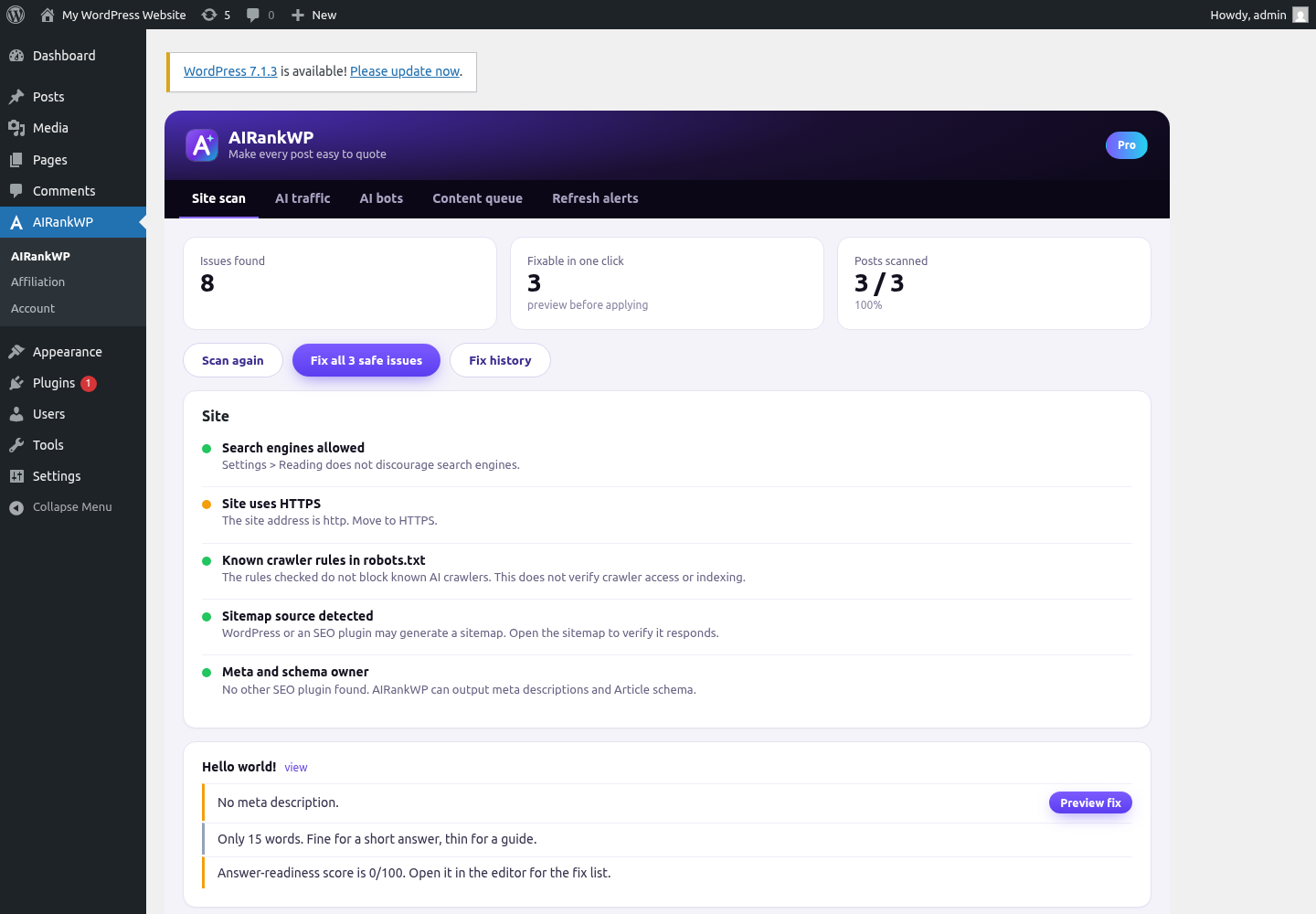 Actual AIRankWP Pro site-scan dashboard showing content checks and reviewed fixes